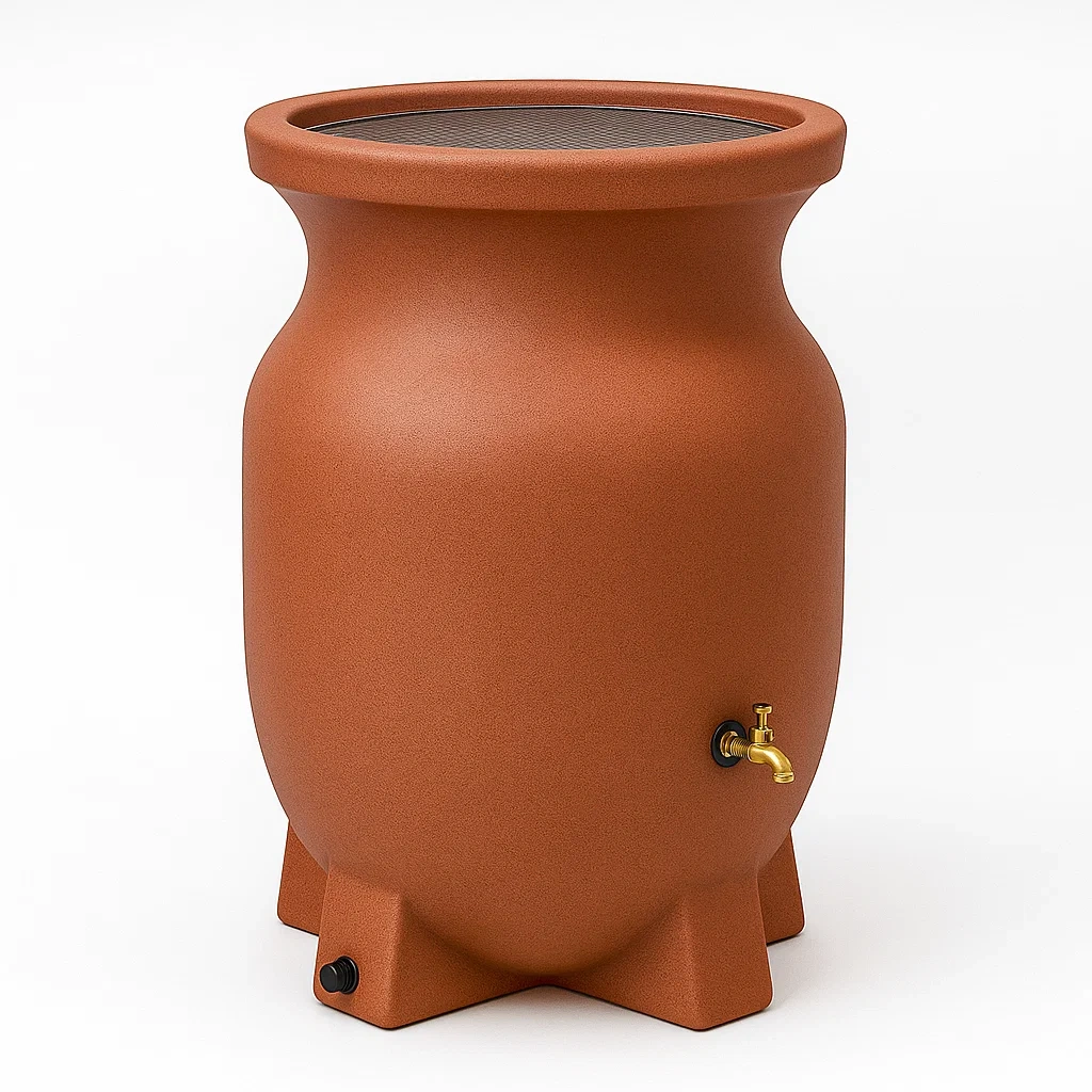 Récupérateur d'eau de pluie en plastique terracotta 300 L avec robinet en laiton