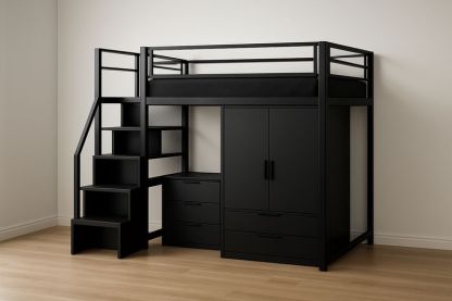 Lit mezzanine en métal avec rangement Noir 200x90×180cm