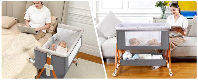Baby Bassinet Sleeper, 6 Height Adjustable Cribs, Easy to Fold Portable Crib Side Bassinet, Swing Cradle Bed Side Sleeper with Ventilated Net&Wheels