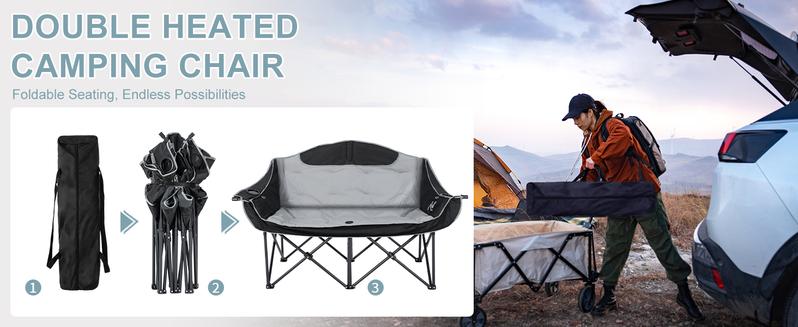 MOPHOTO Heated Double Camping Chair for 2 Person, XXL Oversized Padded Folding Loveseat with 3 Heat Levels, Portable Camping Couch Lawn Chairs for Outdoor Beach
