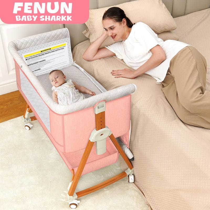 Baby Bassinet Sleeper, 6 Height Adjustable Cribs, Easy to Fold Portable Crib Side Bassinet, Swing Cradle Bed Side Sleeper with Ventilated Net&Wheels