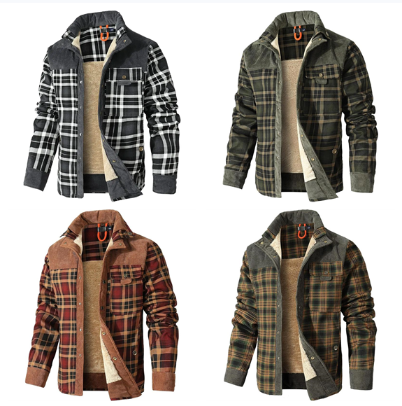 Men's Corduroy Plaid Sherpa Lined Flannel Shirt Jacket Fleece Coat