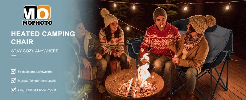 MOPHOTO Heated Double Camping Chair for 2 Person, XXL Oversized Padded Folding Loveseat with 3 Heat Levels, Portable Camping Couch Lawn Chairs for Outdoor Beach