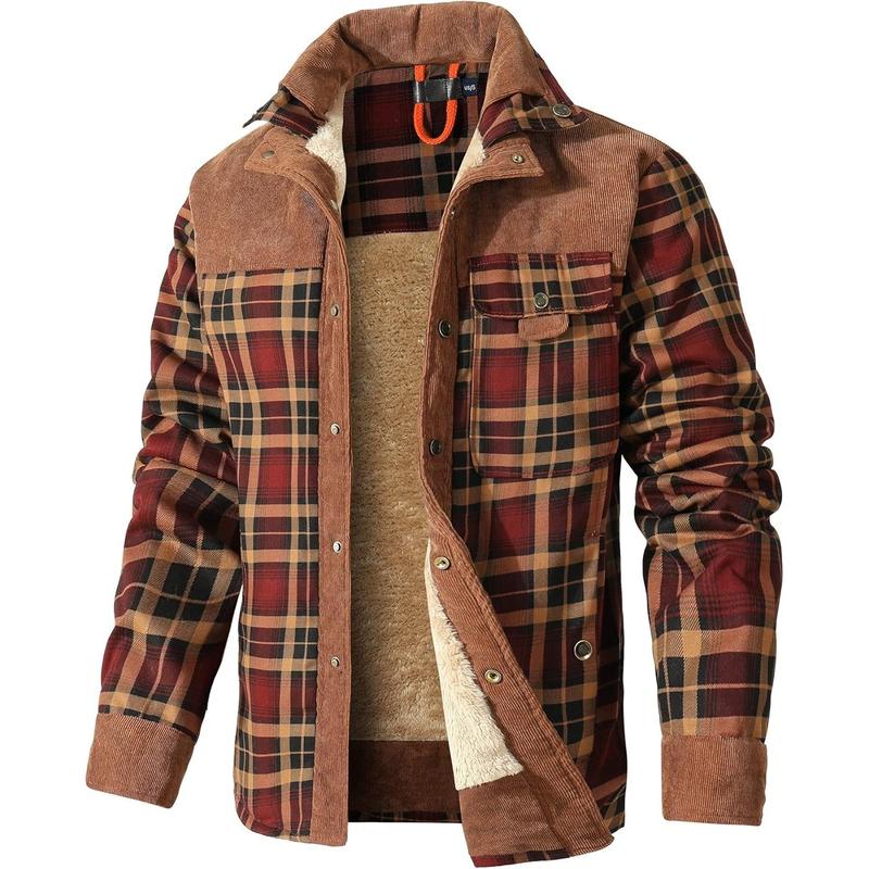 Men's Corduroy Plaid Sherpa Lined Flannel Shirt Jacket Fleece Coat