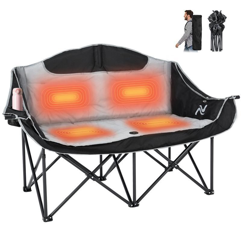 MOPHOTO Heated Double Camping Chair for 2 Person, XXL Oversized Padded Folding Loveseat with 3 Heat LevHeated Double Camping Chair for 2 Person, XXL Oversized Padded Folding Loveseat with 3 Heat Levels, Portable Camping Couch Lawn Chairs for Outdoor Beach