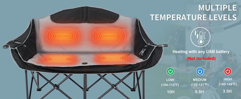 MOPHOTO Heated Double Camping Chair for 2 Person, XXL Oversized Padded Folding Loveseat with 3 Heat Levels, Portable Camping Couch Lawn Chairs for Outdoor Beach