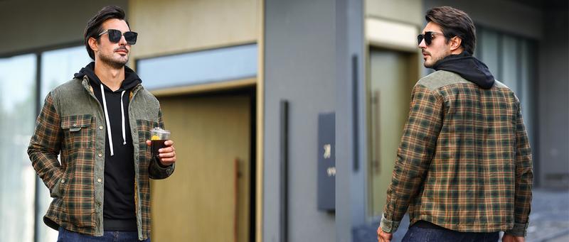 Men's Corduroy Plaid Sherpa Lined Flannel Shirt Jacket Fleece Coat