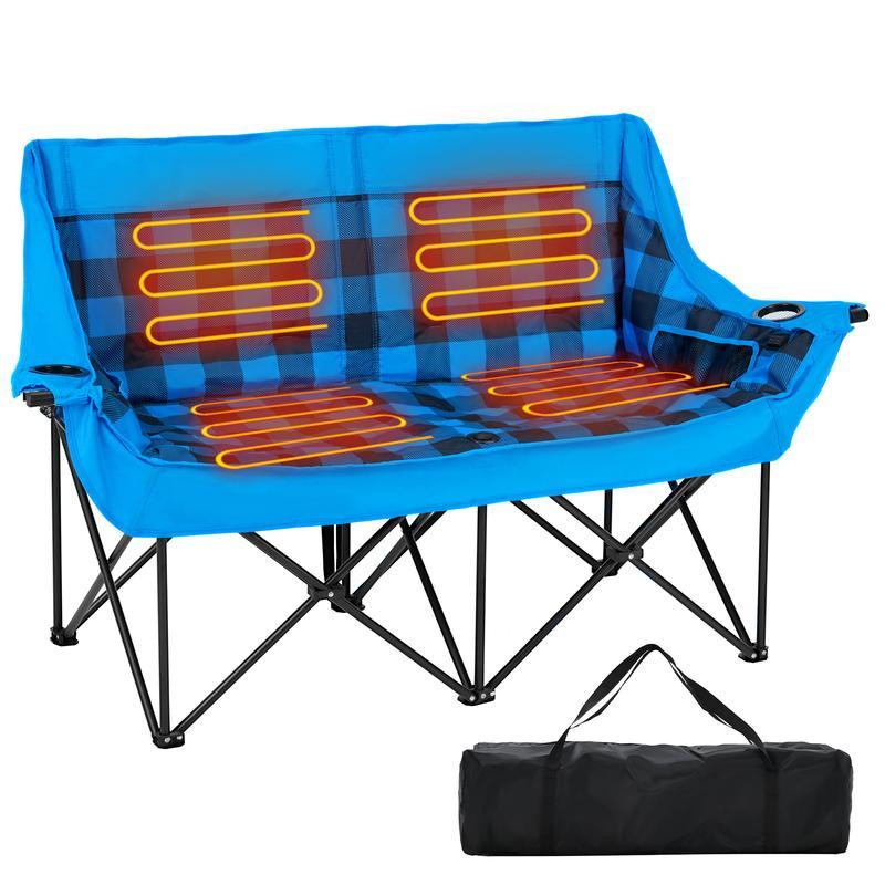 MOPHOTO Heated Double Camping Chair for 2 Person, XXL Oversized Padded Folding Loveseat with 3 Heat LevHeated Double Camping Chair for 2 Person, XXL Oversized Padded Folding Loveseat with 3 Heat Levels, Portable Camping Couch Lawn Chairs for Outdoor Beach