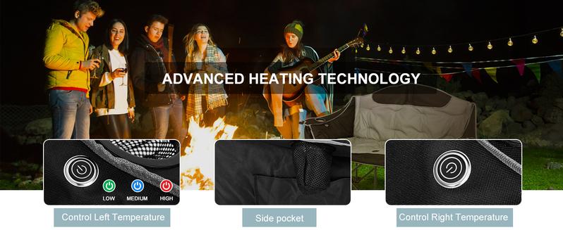 MOPHOTO Heated Double Camping Chair for 2 Person, XXL Oversized Padded Folding Loveseat with 3 Heat Levels, Portable Camping Couch Lawn Chairs for Outdoor Beach