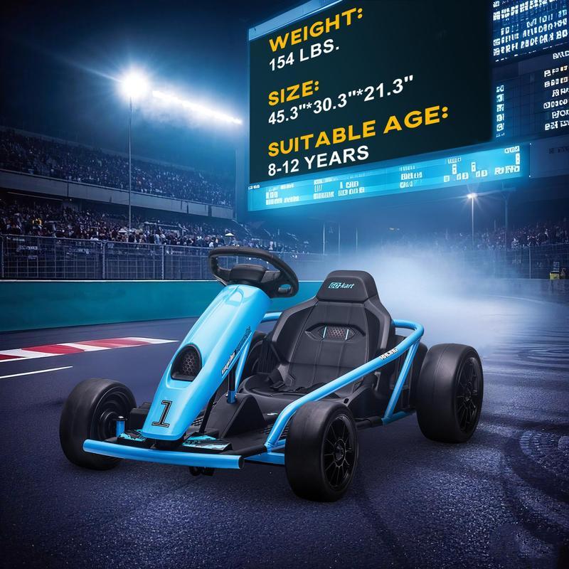 Electric Go Kart, 7.5/8.1mph, Drifting Car Battery Powered Ride on Toy with Slow Start, Music, Horn, for 6-12 Years Old