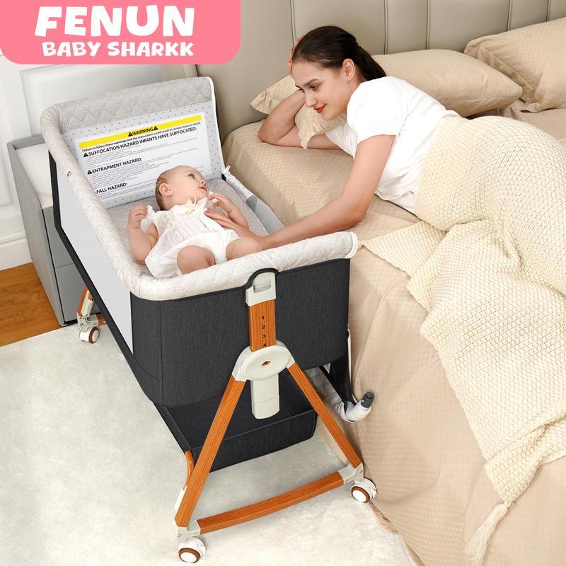 Baby Bassinet Sleeper, 6 Height Adjustable Cribs, Easy to Fold Portable Crib Side Bassinet, Swing Cradle Bed Side Sleeper with Ventilated Net&Wheels