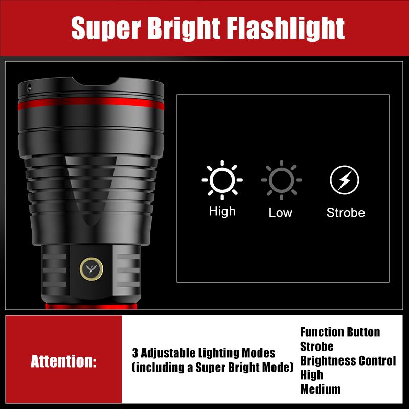 SKYFIRE Model 1209 -2800 Lumens Rechargeable LED Flashlight  &ndash; Super Bright, 3 Modes, Waterproof, with Shoulder Strap &ndash; For Camping, Emergency, and Outdoor Use
