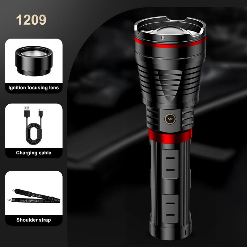 SKYFIRE Model 1209 -2800 Lumens Rechargeable LED Flashlight – Super Bright, 3 Modes, Waterproof, with Shoulder Strap – For Camping