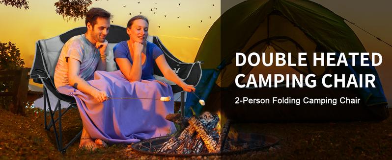 MOPHOTO Heated Double Camping Chair for 2 Person, XXL Oversized Padded Folding Loveseat with 3 Heat Levels, Portable Camping Couch Lawn Chairs for Outdoor Beach