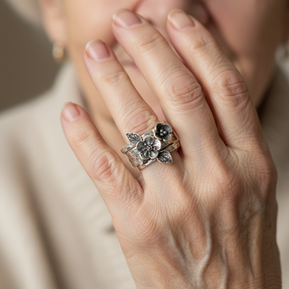 Vintage virágos ezüst réteges gyűrű