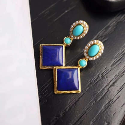 Retro arany és lápisz négyzet alakú kék drágakő függő fülbevalók