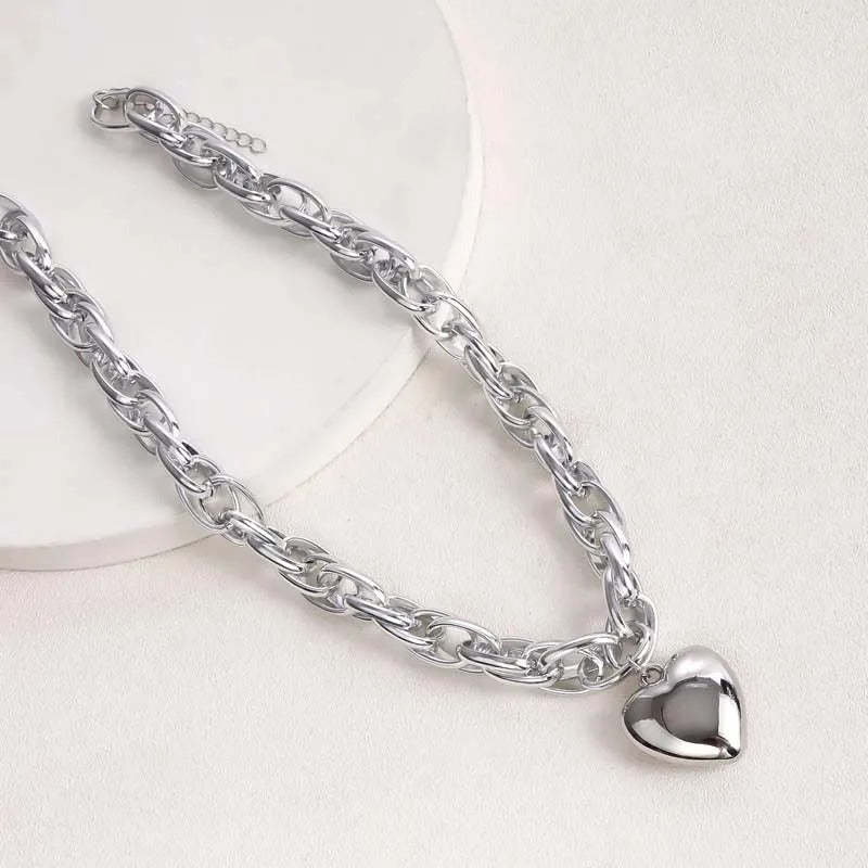 Silver Chunky Chain & Heart Shaped Pendant Necklace