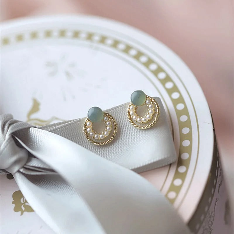 Vintage arany zöld kő gyöngy fülbevalók