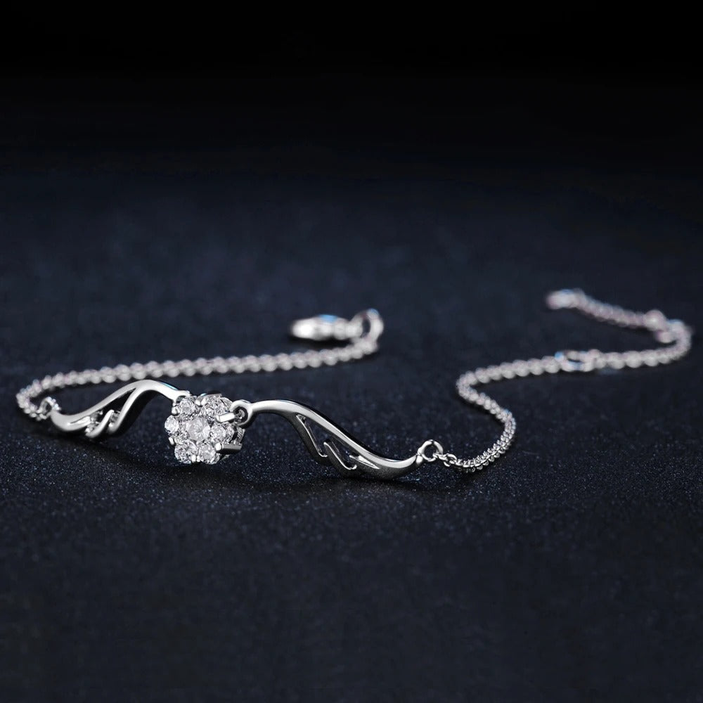 Vintage ezüst kristály virág és ívelt dizájn karkötő