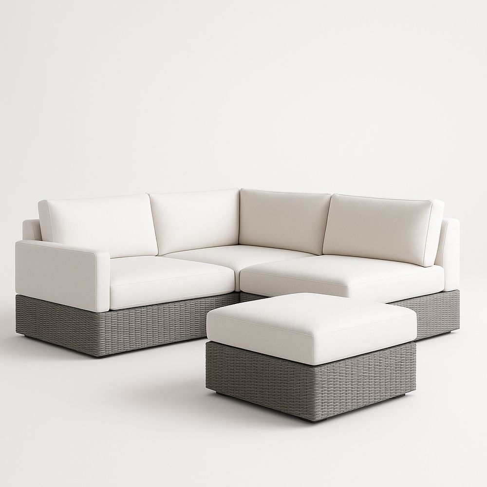 Ensemble de Canapé d'Angle en Résine et Tissu Polyester, Blanc/Gris