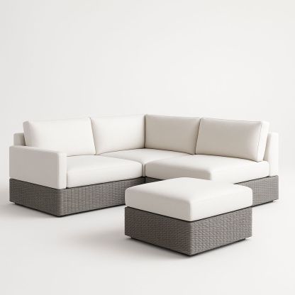 Ensemble de Canapé d'Angle en Résine et Tissu Polyester, Blanc/Gris