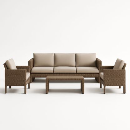 Ensemble de Salon de Jardin Résine Marron avec Coussins Beige