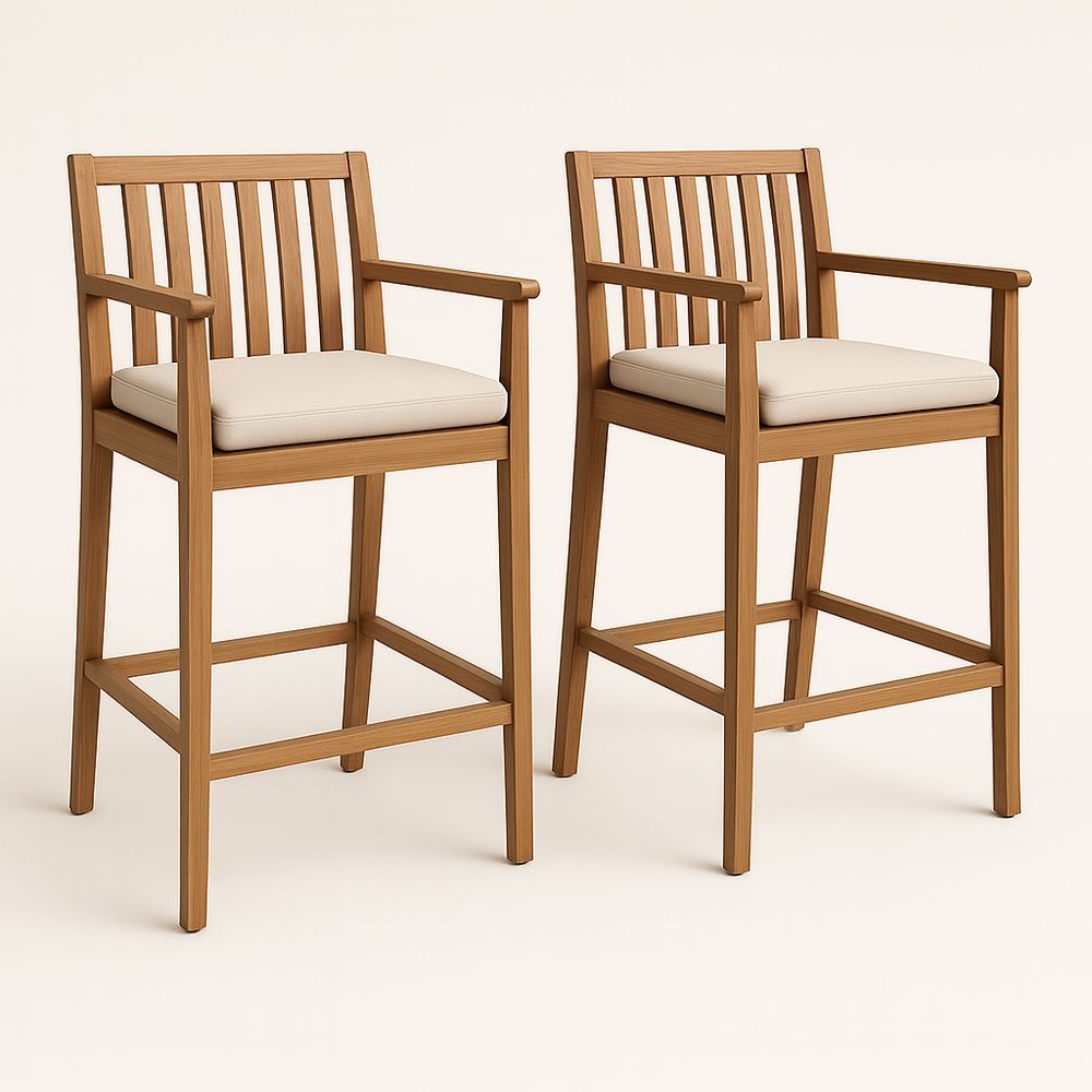 Tabourets de bar en bois avec coussin en polyester beige, ensemble de 2