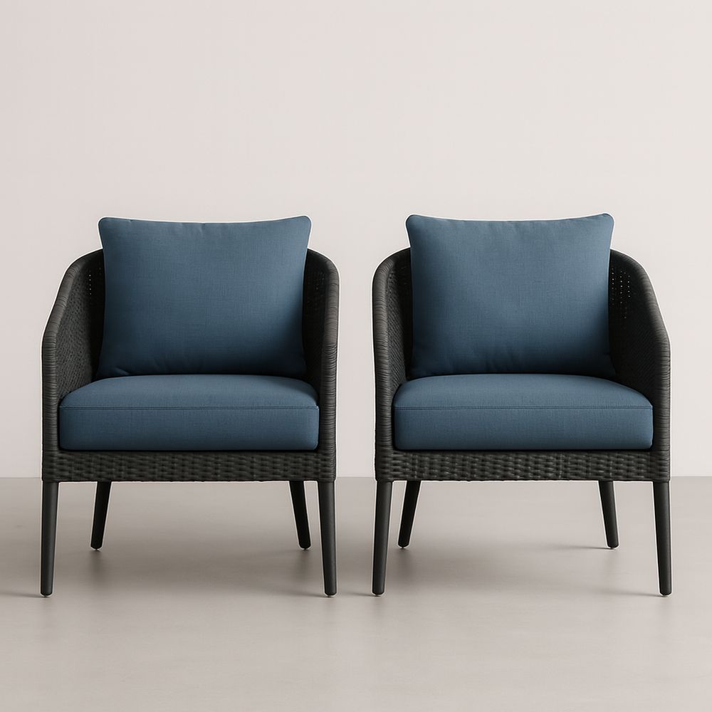 Lot de 2 fauteuils en rotin synthétique et tissu polyester, 75x70x80 cm, Noir/Bleu