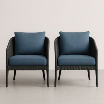 Lot de 2 fauteuils en rotin synthétique et tissu polyester, 75x70x80 cm, Noir/Bleu
