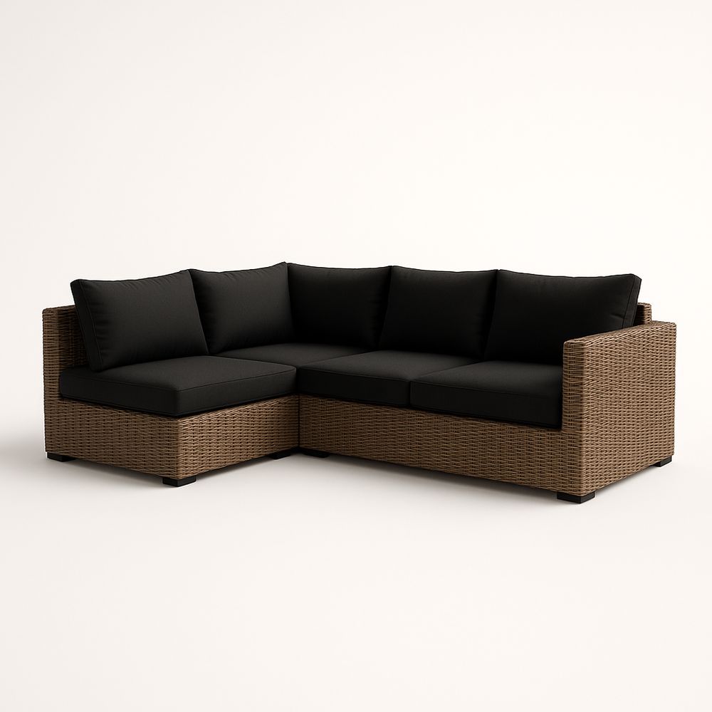 Canapé d'angle extérieur en résine tressée avec coussins noirs