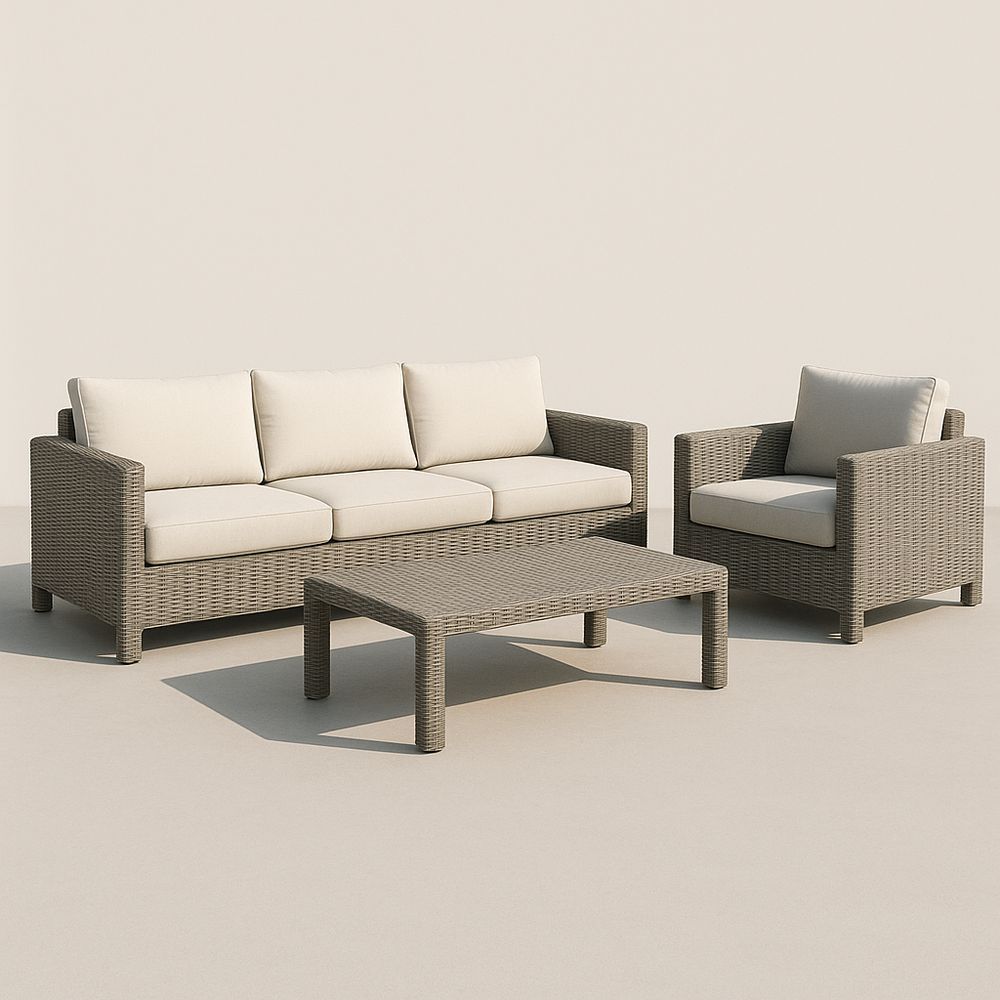 Ensemble de salon d'extérieur en rotin synthétique gris avec coussins beige