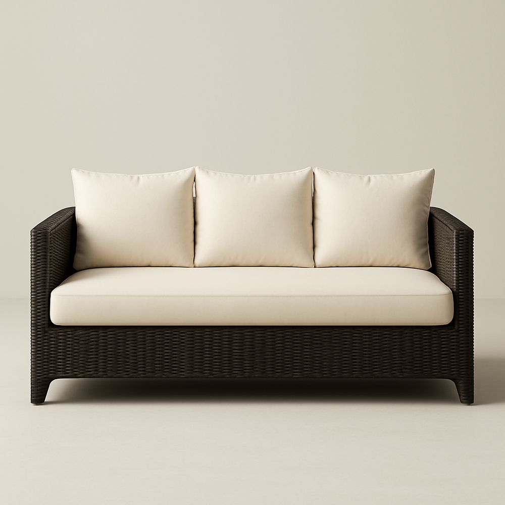 Canapé en résine tressée 3 places avec coussins en tissu beige