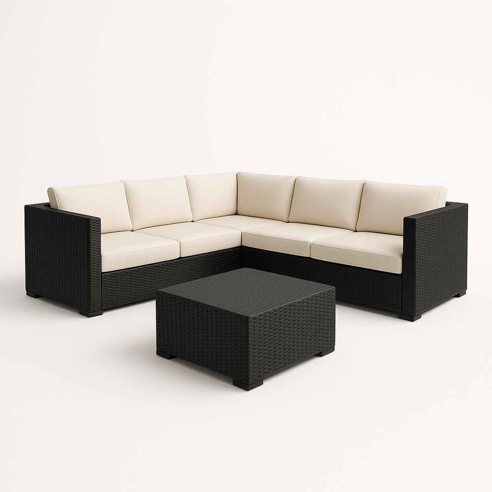 Canapé d'angle en résine tressée noire avec coussins en tissu beige