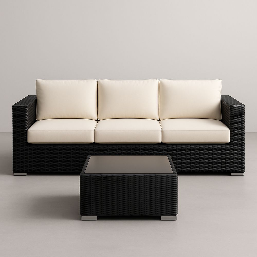 Canapé en résine tressée avec table basse, noir et crème