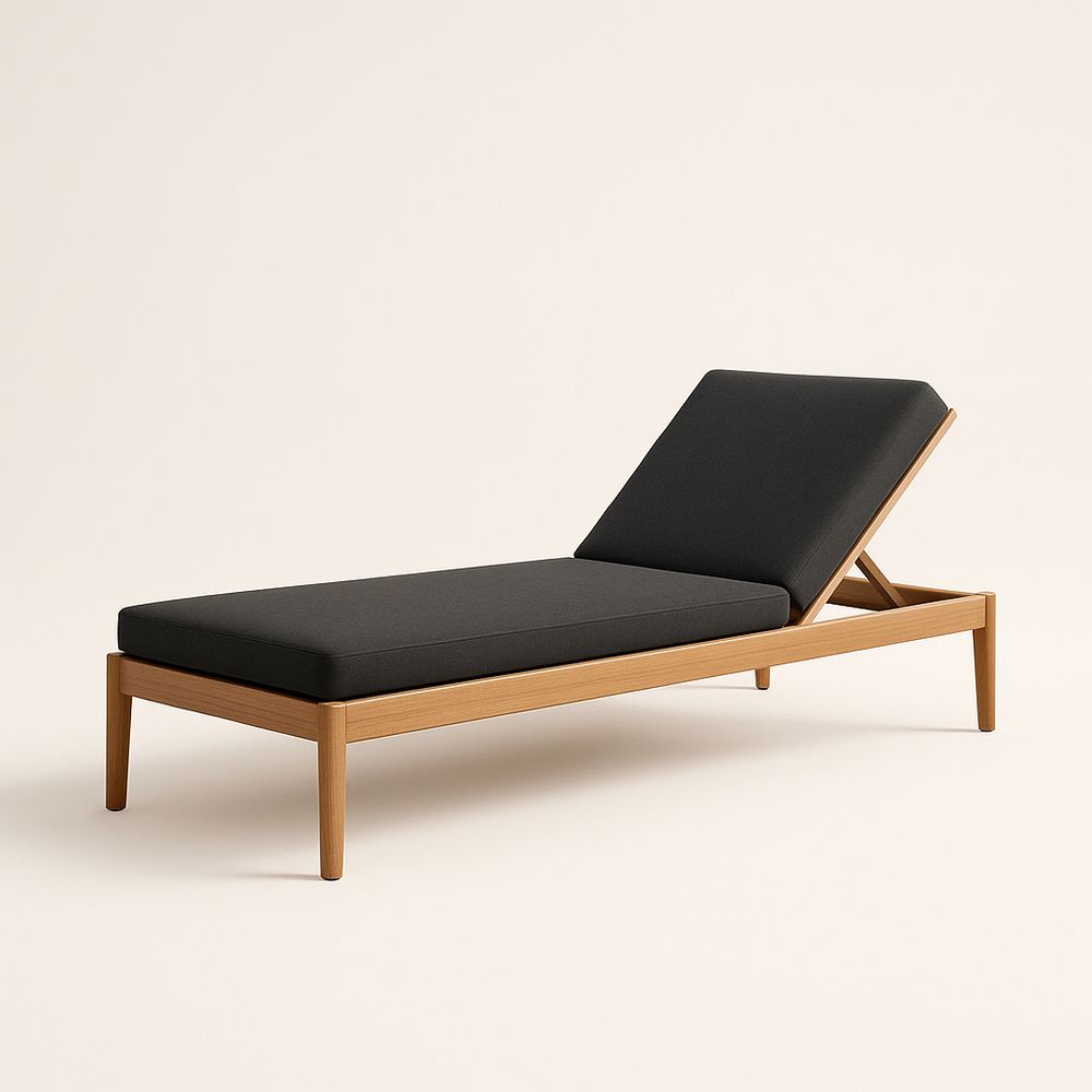 Chaise longue en bois avec coussin réglable noir 200cm x 70cm x 35cm