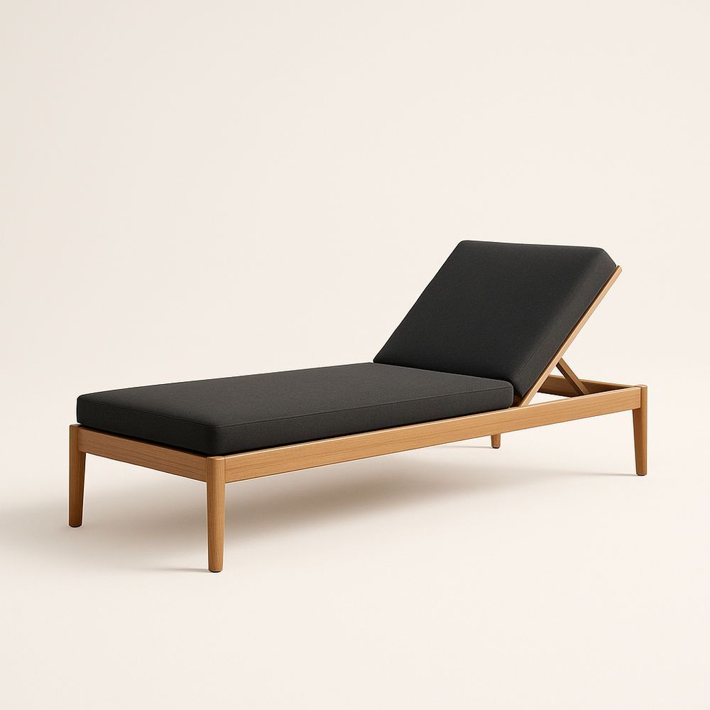 Chaise longue en bois avec coussin réglable noir 200cm x 70cm x 35cm