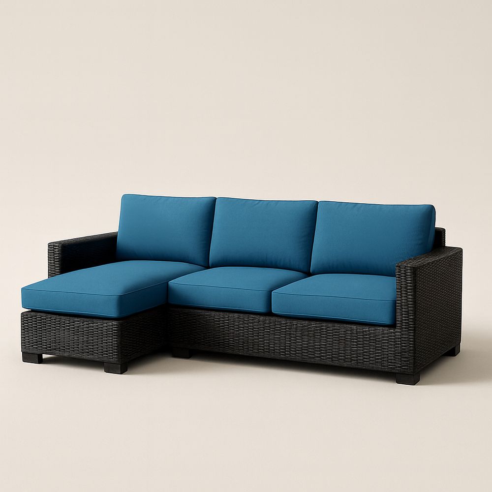 Canapé d'angle en résine avec coussins bleus