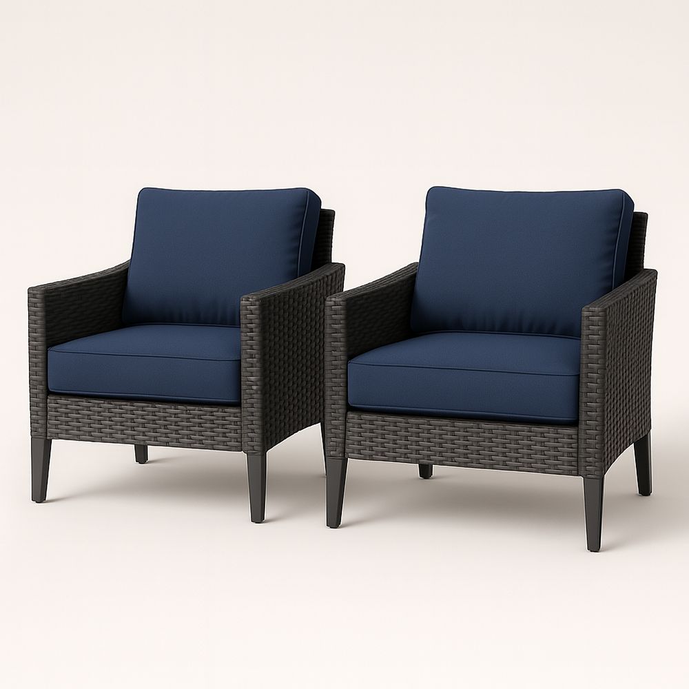 Lot de 2 fauteuils extérieurs en rotin synthétique avec coussins bleu