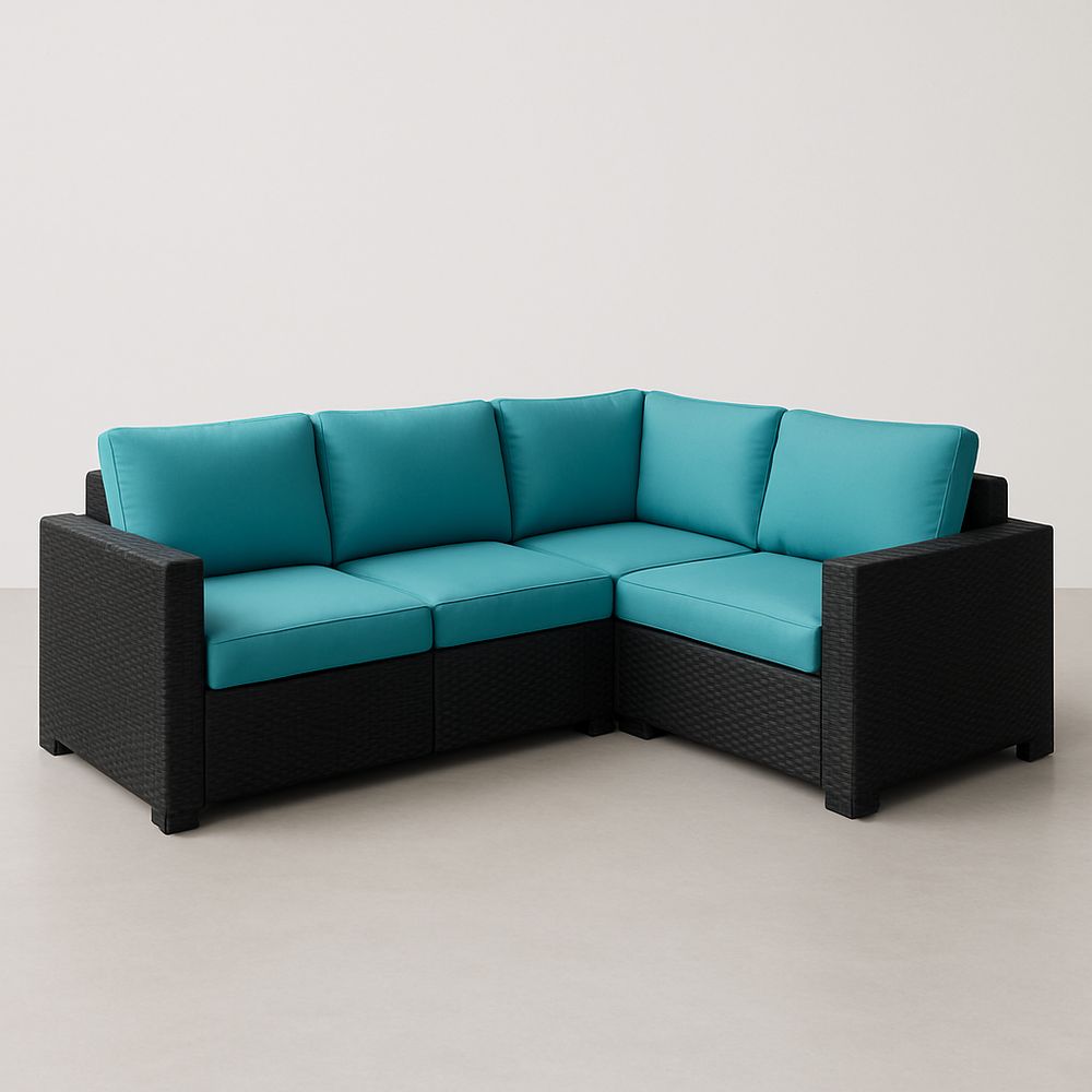Canapé d'angle modulaire en rotin synthétique avec coussins en tissu turquoise