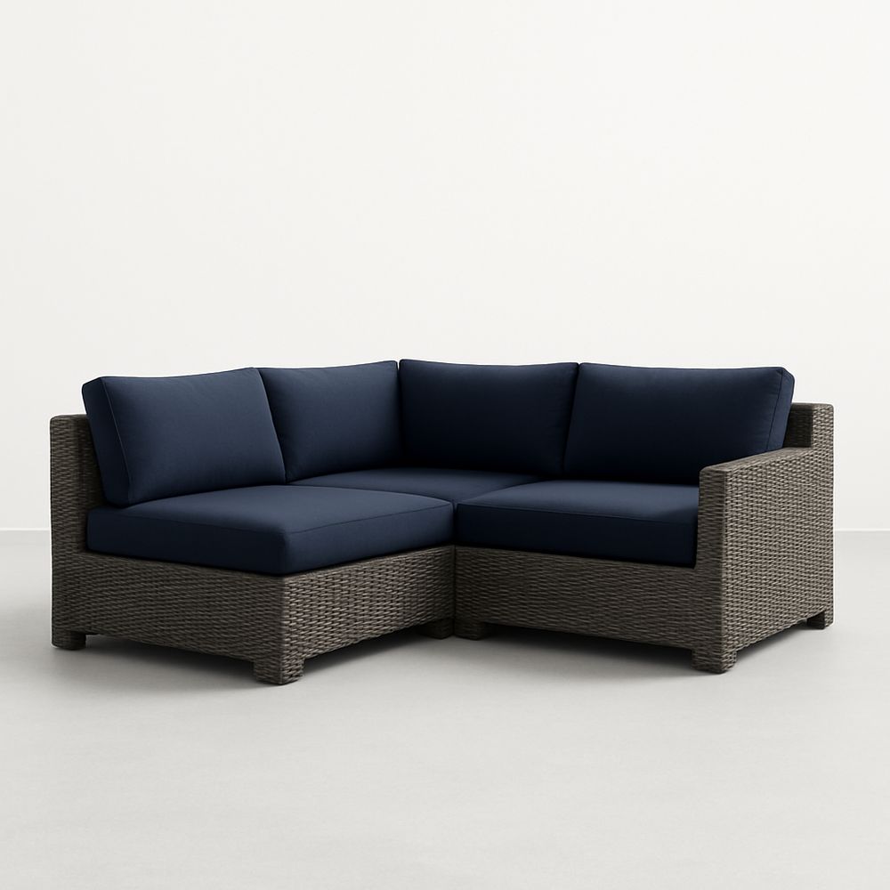 Canapé d'angle extérieur modulable en aluminium avec résine et coussins bleu marine