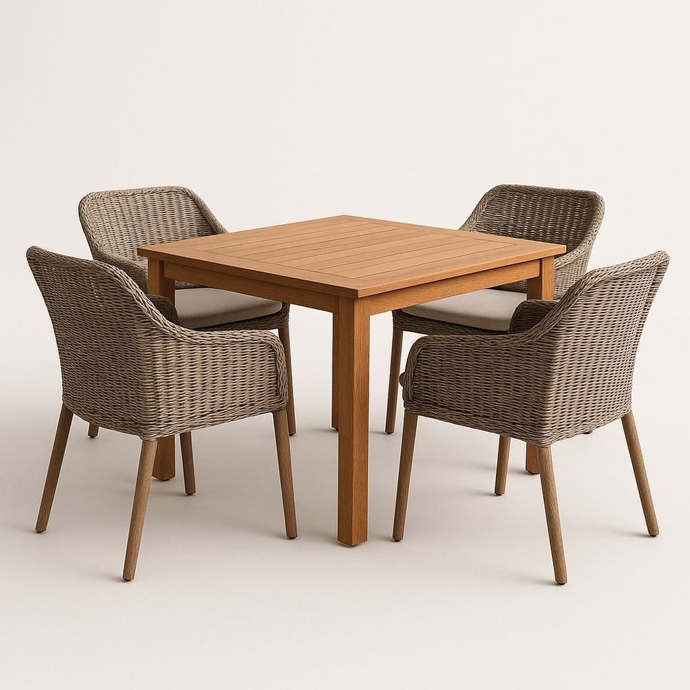 Ensemble de Salle à Manger en Bois et Rotin Table Carrée 4 Chaises