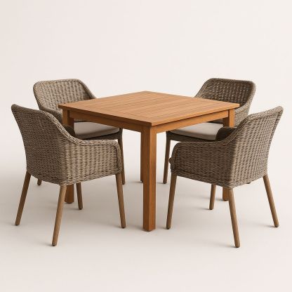 Ensemble de Salle à Manger en Bois et Rotin Table Carrée 4 Chaises