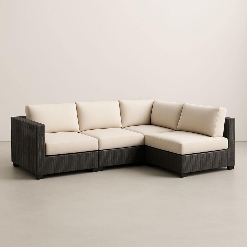 Canapé d'angle modulable en résine tressée et tissu beige