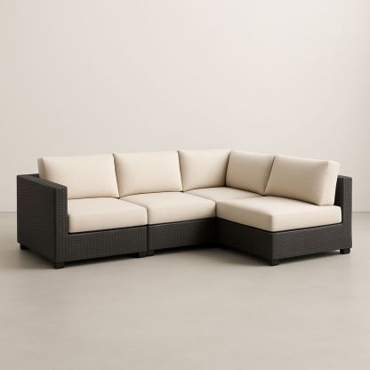 Canapé d'angle modulable en résine tressée et tissu beige