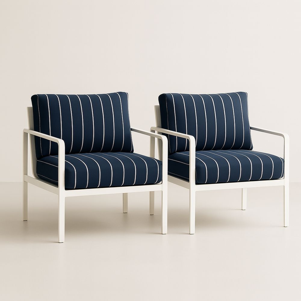 Ensemble de deux fauteuils de détente en aluminium avec coussins en polyester à rayures bleu/blanc