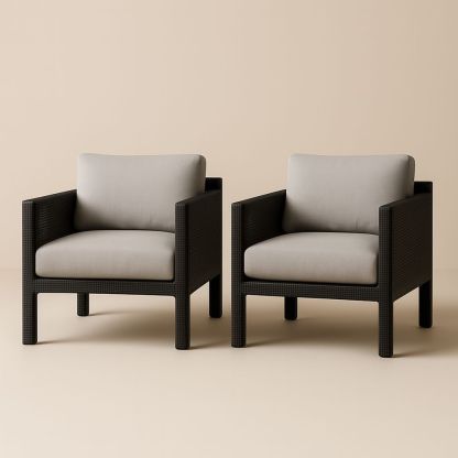 Ensemble de 2 fauteuils en résine tressée avec coussins en polyester Noir/Gris
