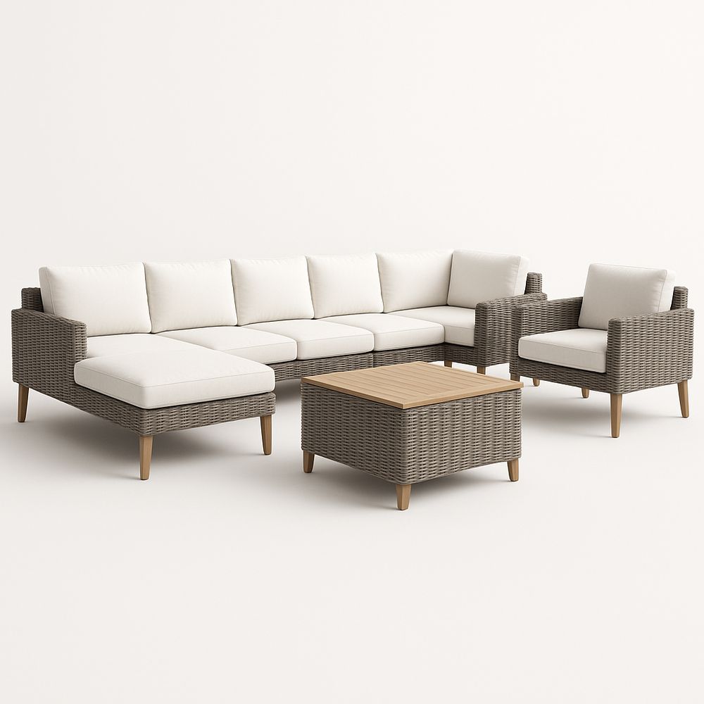 Ensemble de salon en résine tressée avec coussins en polyester et table basse en bois