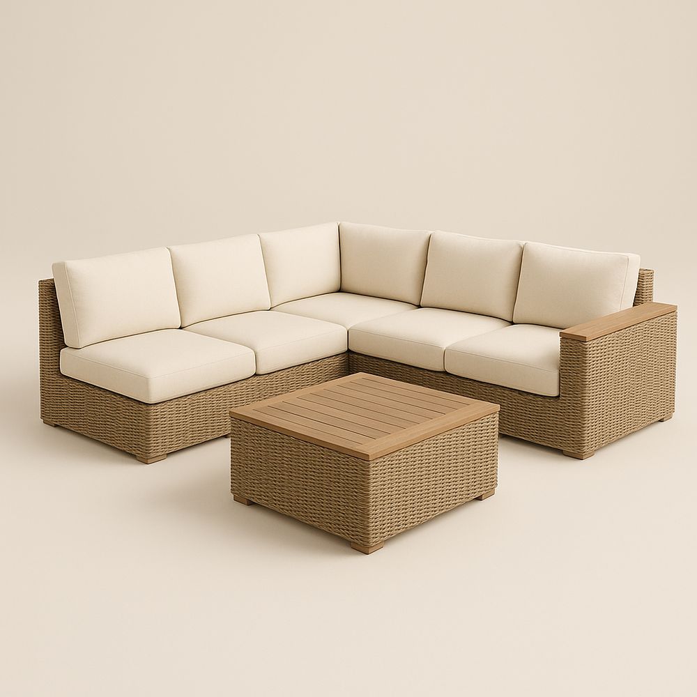 Ensemble de salon de jardin en résine tressée coussins tissu beige table basse