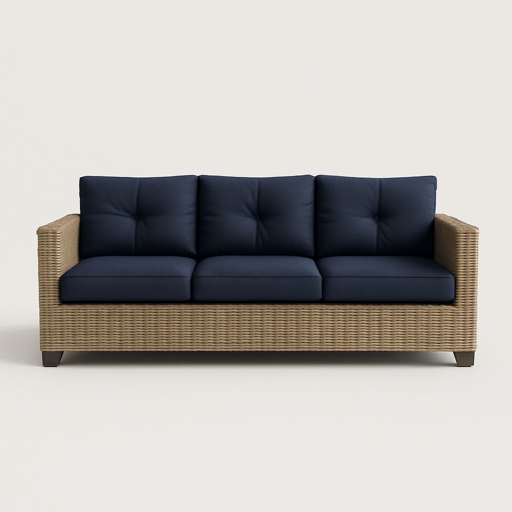 Canapé extérieur 3 places résine tressée coussins polyester bleu