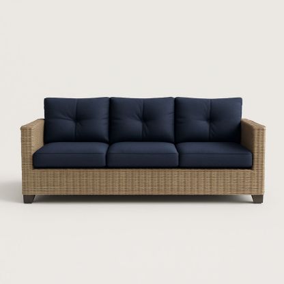 Canapé extérieur 3 places résine tressée coussins polyester bleu